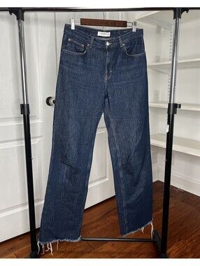 Pull & Bear High Waisted Wide Leg Raw Hem Jeans Dark Wash Denim Size US 6 EUR 38